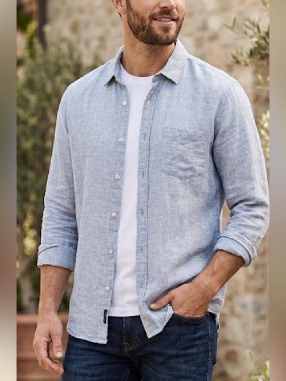 LEFTIES MAN Light Blue Linen Blend Button-Down Shirt Large Minimalist Casual